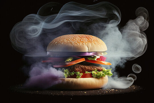 Panino con hamburger, insalata, cheddar e pomodori con fumo chiaro su fondo scuro e luce spot