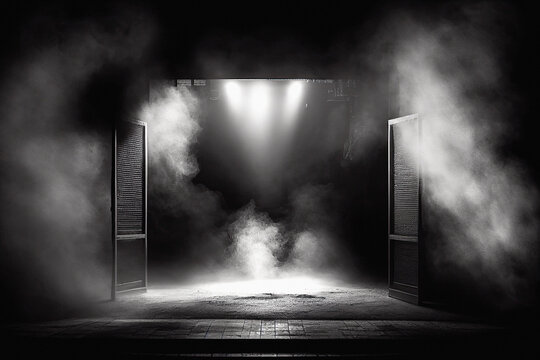 Ambiente scuro con fumo e luce spot con finestra grande e porte aperte