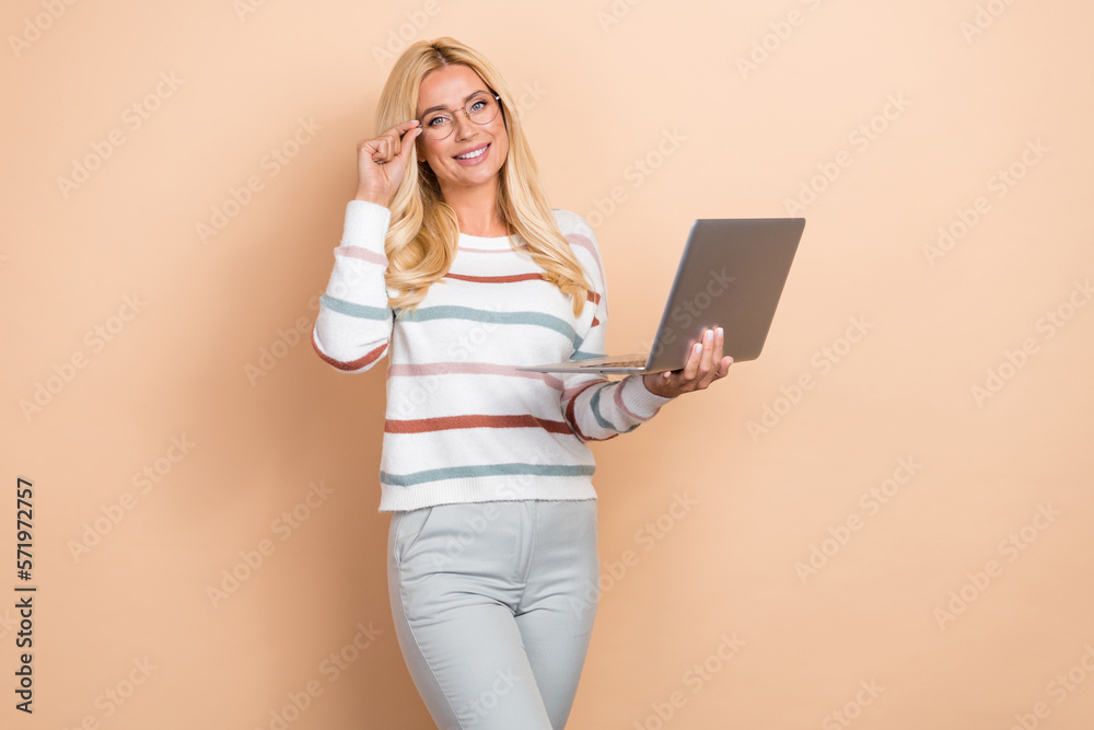 Sticker Portrait of nice pretty optimistic girl wavy hairdo wear striped pullover touch eyewear hold laptop isolated on pastel color background