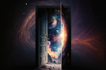 isolated door with an unusual design is suspended in a dark and surreal cosmic background. The door seems to be the entrance to another dimension, as it glows with an ethereal light Generative AI