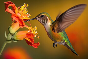 Fototapeta premium hummingbird feeding on flower. Generative AI
