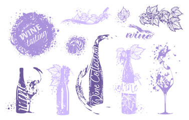 Collection of wine glasses and bottles - Wine Designs. Sketch vector illustration. Hand drawn elements for invitation cards, advertising banner and menu cards. Wine glasses with splashing wine.
