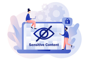 Sensitive content concept. Eye crossed sign on laptop screen. Explicit content in social media, website, photos, pictures and video. Hide view. Modern flat cartoon style. Vector illustration
