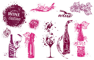 Collection of wine glasses and bottles - Wine Designs. Sketch vector illustration. Hand drawn elements for invitation cards, advertising banner and menu cards. Wine glasses with splashing wine.