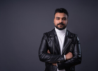 badass man, young, fashion, friendly, happy, smile, banner, white clothes, white cotton, leather jacket, head shot, mustache, beard, gray, digital space, pakistani man, indian, stylish successful, man