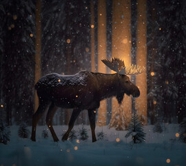 Cute Moose with a winter fairy background.Generative ai