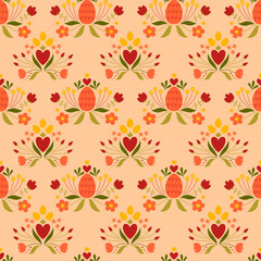 Easter seamless pattern with colored egg and flowers. Background for poster, greeting card, invitation or postcard.