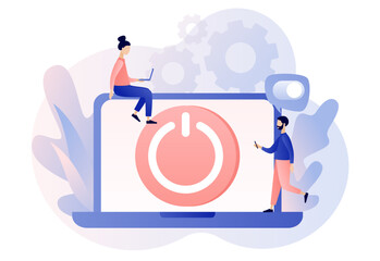On Off button on laptop screen. Tiny people press switch. Characters turning off and turning on devices. Save energy concept. Modern flat cartoon style. Vector illustration on white background
