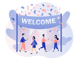 Fototapeta premium Welcome concept. Event, celebrate, meeting, greeting. Friendly team happy to new team member. Modern flat cartoon style. Vector illustration on white background 