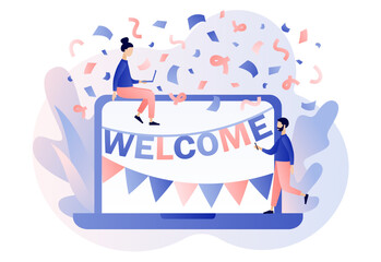 Welcome concept. Online event, celebrate, meeting, greeting. Friendly team happy to new team member. Modern flat cartoon style. Vector illustration on white background