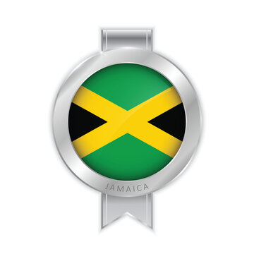 Flag of Jamaica Silver Medal Vector. Realistic 3d silver trophy award medals for winner. Honor prize. Realistic illustration.