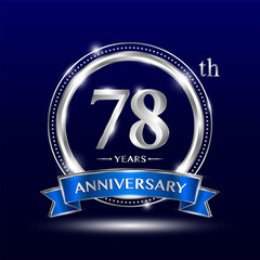 78th Anniversary logo with retro style, silver color ring design and blue ribbon for anniversary celebration event. Logo Vector Template