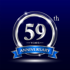 59th Anniversary logo with retro style, silver color ring design and blue ribbon for anniversary celebration event. Logo Vector Template