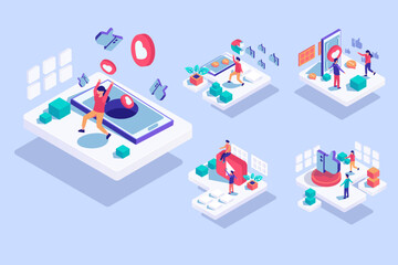 Obraz premium isometic people happy with Sosial media cartoon vector