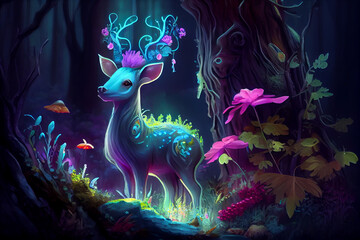 roe deer in a fairy illuminated forest illustration Generative AI