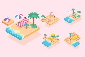 isometic vacation place in summer graphic design cartoon character