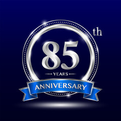 Fototapeta premium 85th Anniversary logo with retro style, silver color ring design and blue ribbon for anniversary celebration event. Logo Vector Template