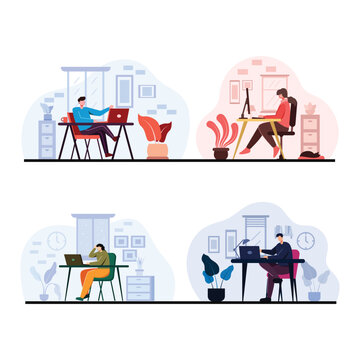 Young worker use technology device for working vector