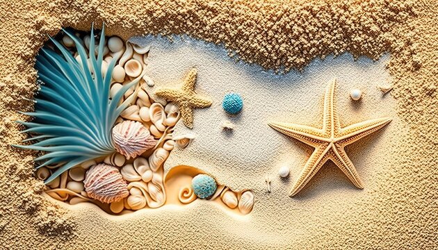 Summer travel background from beach sand with starfish and seashell. Top view