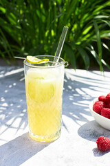 Fresh cool melon cocktail with ice and lime slices. Summer drinks and smoothies