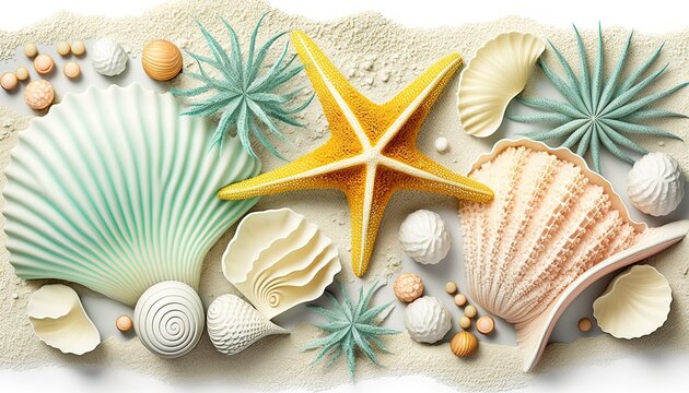 Summer travel background from beach sand with starfish and seashell. Top view.