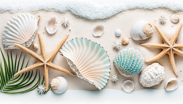 Summer travel background from beach sand with starfish and seashell. Top view.