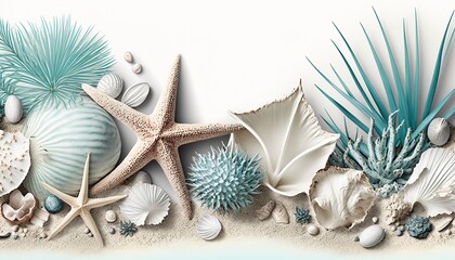 Summer travel background from beach sand with starfish and seashell. Top view.