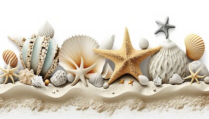 Fototapeta na wymiar Summer travel background from beach sand with starfish and seashell. Top view. Generative AI