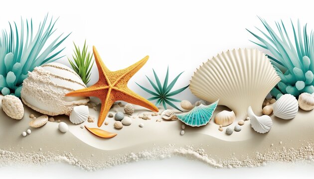 Summer travel background from beach sand with starfish and seashell. Top view.