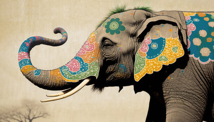 Decorated elephant with colorful ethnic images, Holi colors festival in India, elephant painted multicolored patterns. Close up elephant portrait, decoration for Holi celebration, generative AI