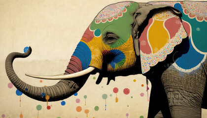 Decorated elephant with colorful ethnic images, Holi colors festival in India, elephant painted multicolored patterns. Close up elephant portrait, decoration for Holi celebration, generative AI