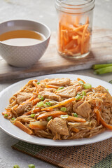 Chicken chow popular oriental dish with noodles and vegetables