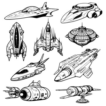 vector icons set of diferent space ships and cosmos