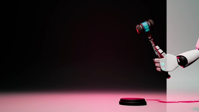 animation of a judicial hammer held by the hand of an artificial intelligence robot. Question is, is it a good or wrong idea. A new system of assessing justice with white background