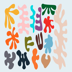 Abstract shapes fashion trend, pastel palette, hippie style 60s 70s. Matisse element flowers.