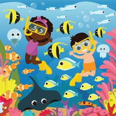 Under the water near the coral reefs children swim divers along with fish, jellyfish and stingray. Picture for children's puzzles underwater sea world.