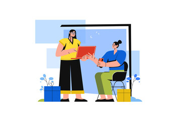 Post color concept with people scene in the flat cartoon design. Manager explains to new worker how to send parcels.