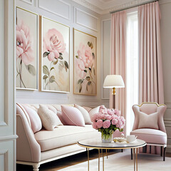pink living room decoration. sofa, minimalist living room, flower painting on the wall, ,Artificial inteligence