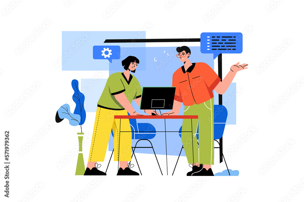 Poster Color concept Programming with people scene in the flat cartoon design. Two employees decide to write a programming code for application.
