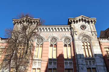Fototapeta na wymiar Building of the hospital in the Gothic style (ambulance) on Reitarska street in Kyiv, Ukraine