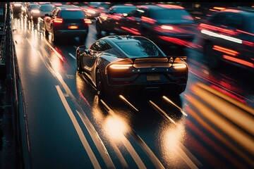 A sports car escapes down a highway at full speed. Ai generated