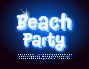 Vector glowing Banner Beach Party. Funny handwritten Font. Creative Alphabet Letters and Numbers set