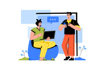 People use gadgets color concept with people scene in the flat cartoon style. Boy and girl use different gadgets while spending time together.