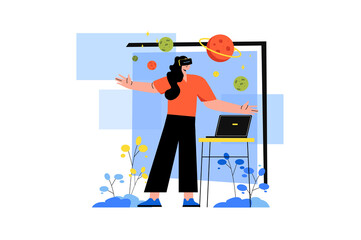 Metaverse color concept with people scene in the flat cartoon style. Girl play the computer game on the cyber space using VR glasses and laptop.