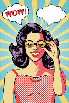 Pop art vector illustration of woman taking off of her glasses and wow text on speech bubble. Retro comic book, pop art style colorful background. Generative AI