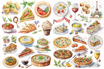 Naklejka na ściany i meble Watercolor illustration of French dishes collection on white background - AI generative