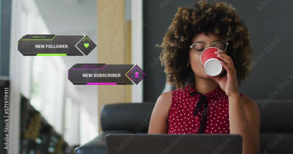 Sticker Animation of media icons over african american woman drinking coffee