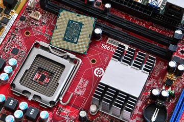 CPU socket and processor on the motherboard. Before installation processor. Motherboard digital chip. Technology background