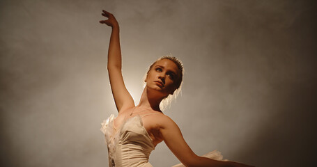 Graceful caucasian ballet dancer graciously performing and spinning on stage, spotted by light and isolated on black background close up  © andreybiling