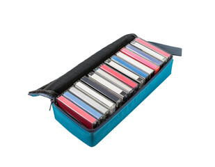 Vintage audio cassette tape travel case isolated with cut out background.